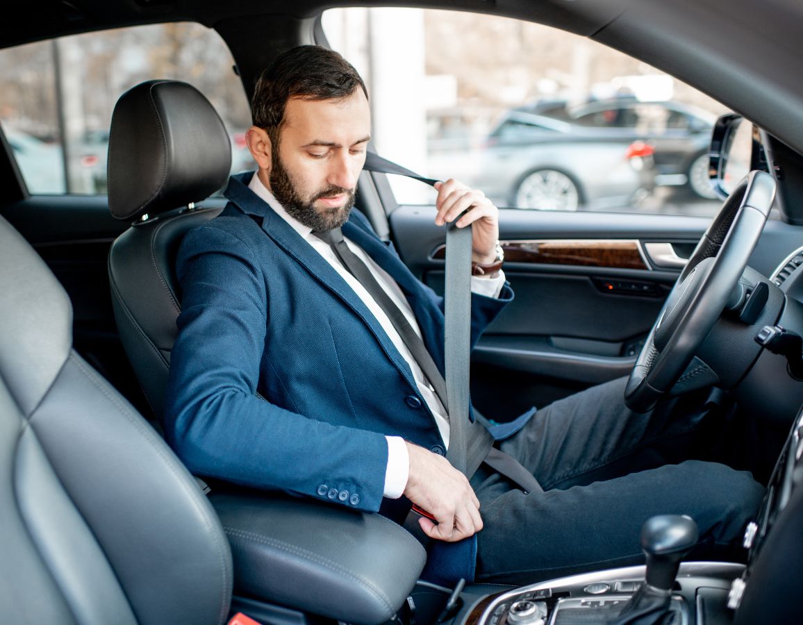 A Man In A Suit Buckling His Seatbelt In A Car
